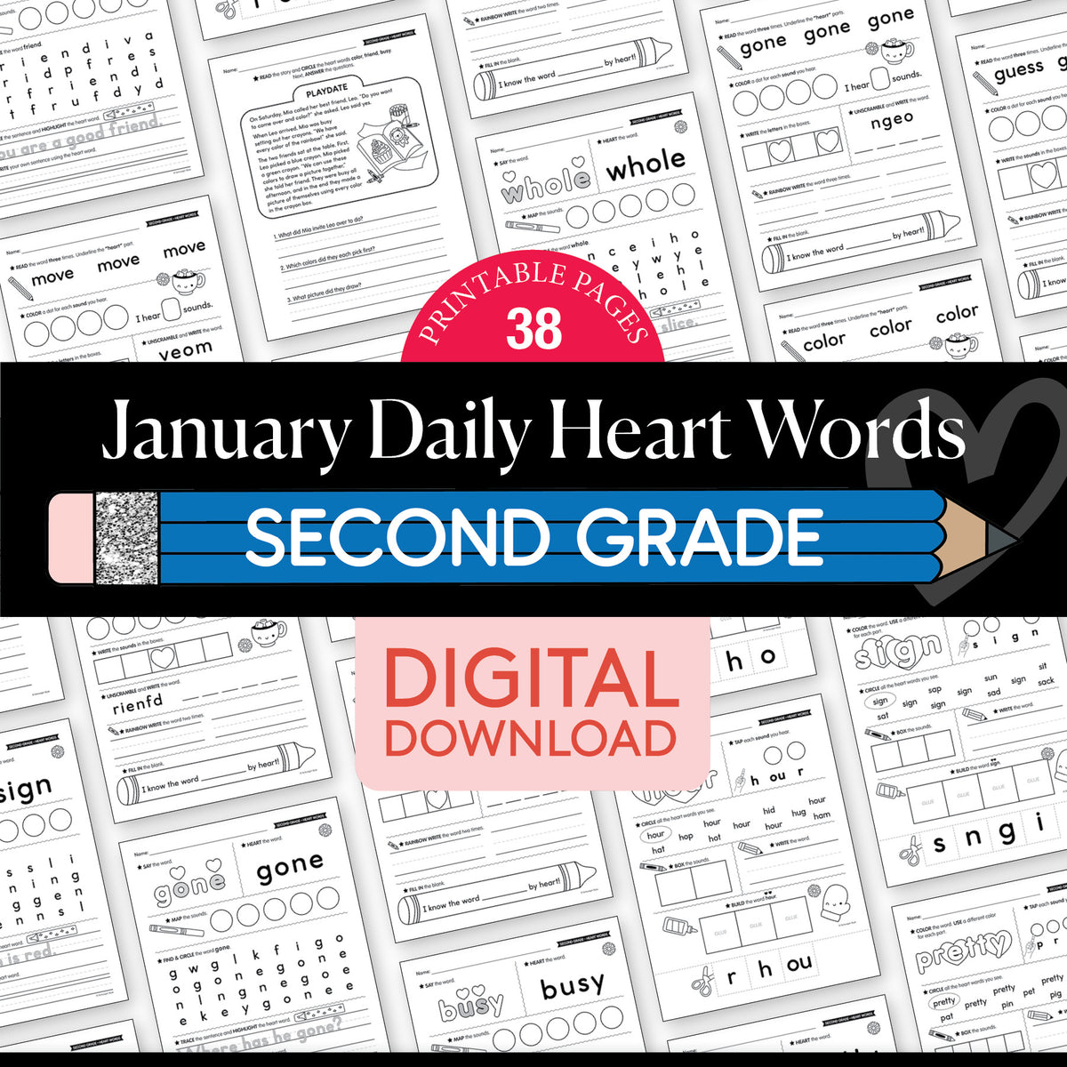 Printable Second Grade January Daily Heart Words