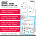 Load image into Gallery viewer, Printable Preschool January Alphabet Center Snowman Stack Game
