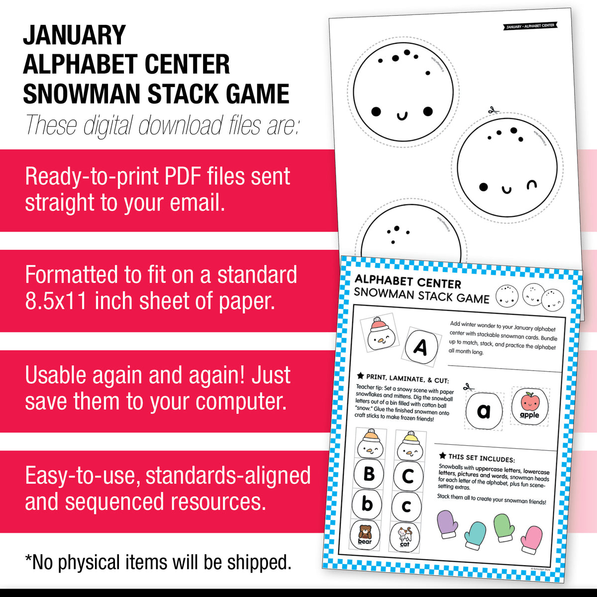 Printable Preschool January Alphabet Center Snowman Stack Game