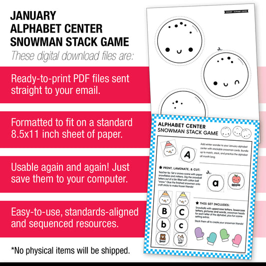 Printable Preschool January Alphabet Center Snowman Stack Game