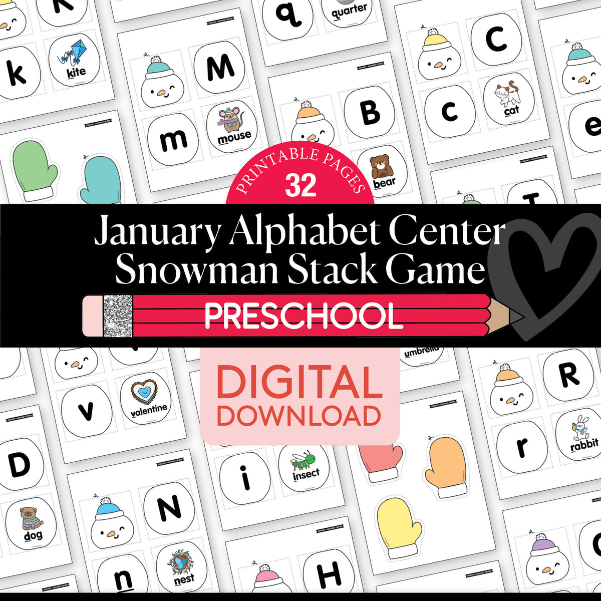 Printable Preschool January Alphabet Center Snowman Stack Game