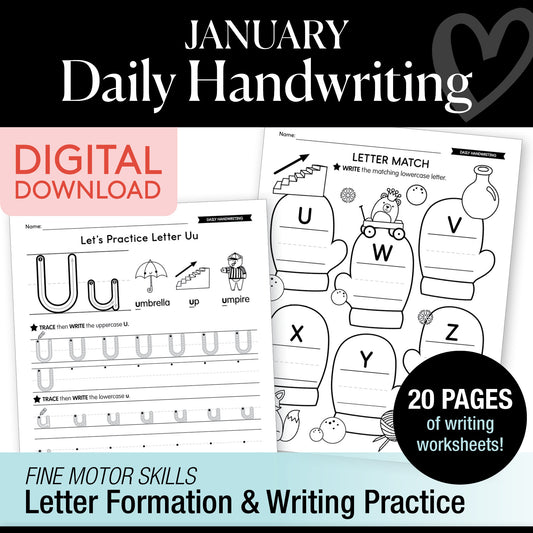 Printable January Daily Handwriting Worksheets