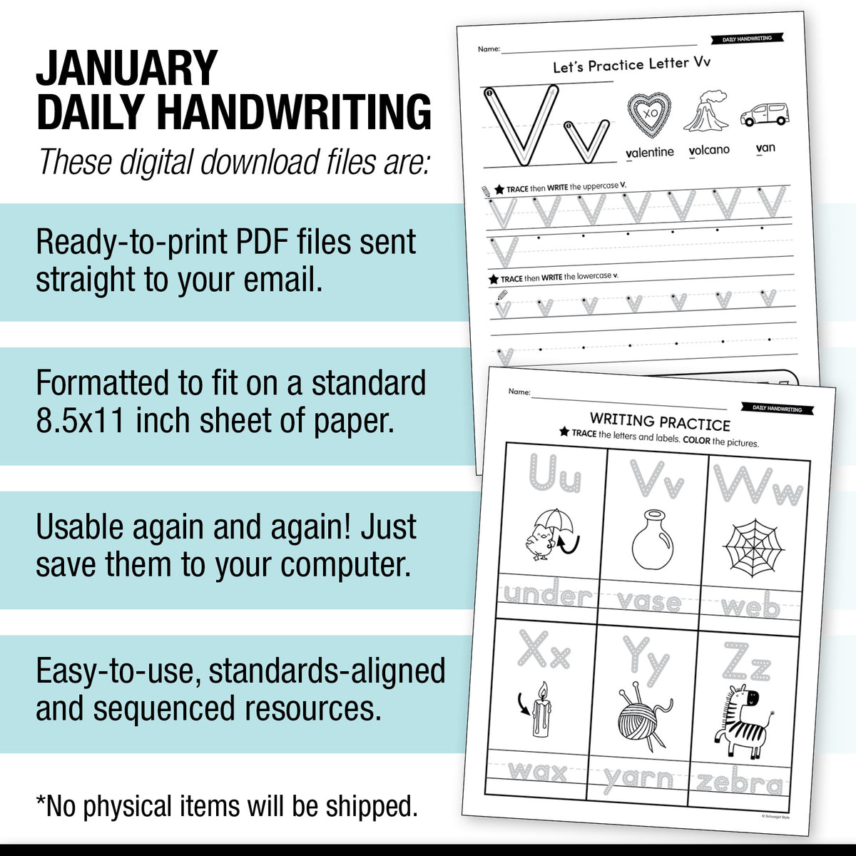 Printable January Daily Handwriting Worksheets