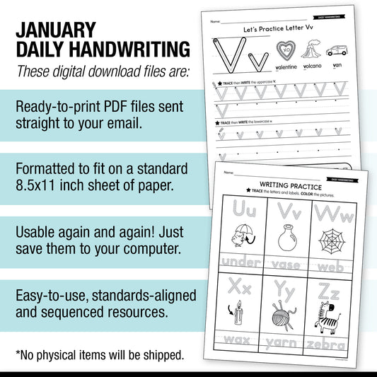 Printable January Daily Handwriting Worksheets