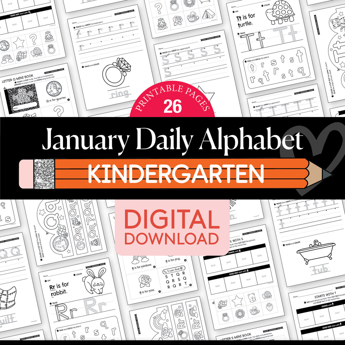 Printable Kindergarten January Daily Alphabet (Q-T)