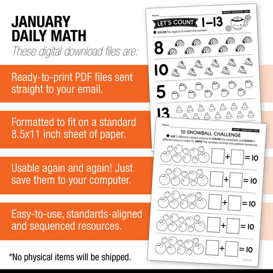 Printable Kindergarten January Daily Math