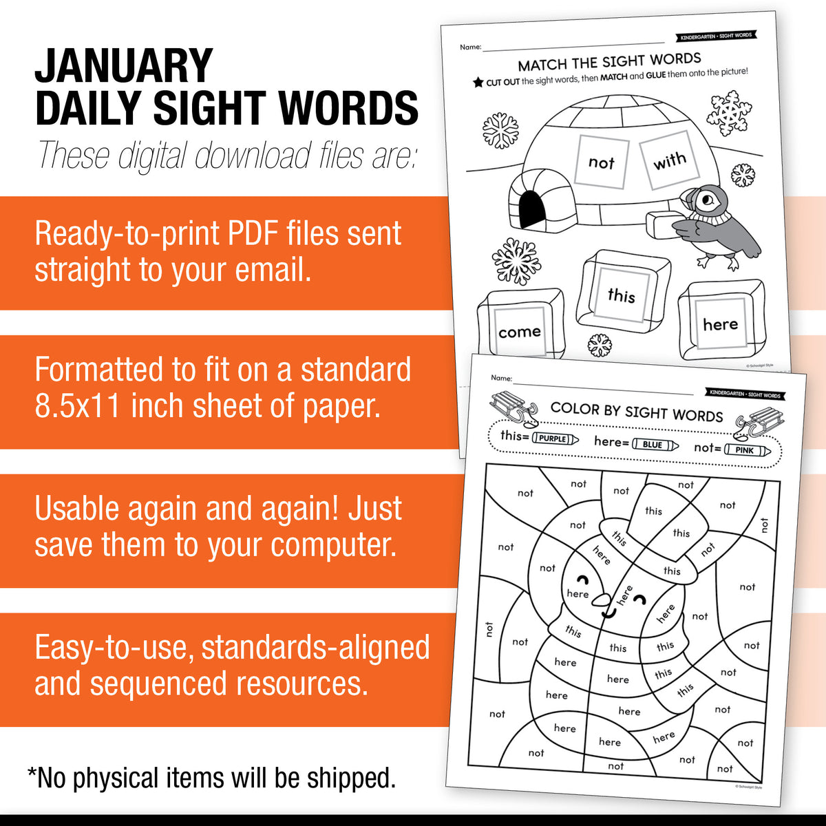 Printable Kindergarten January Daily Sight Words