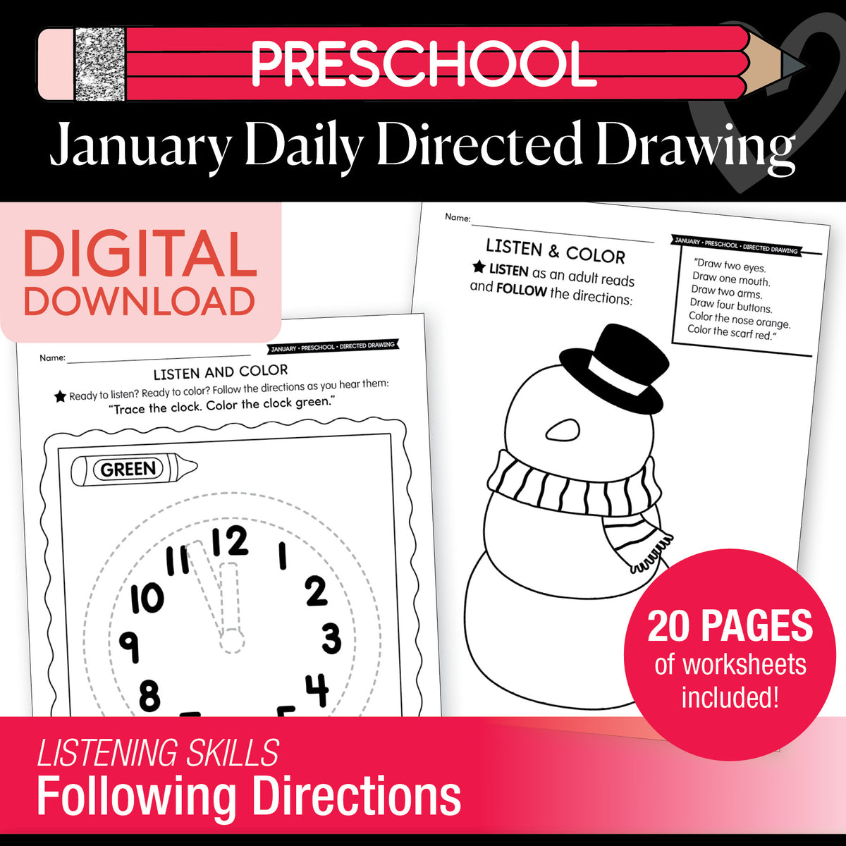 Printable Preschool January Directed Drawing Worksheets