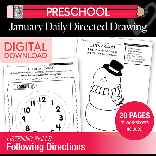 Printable Preschool January Directed Drawing Worksheets