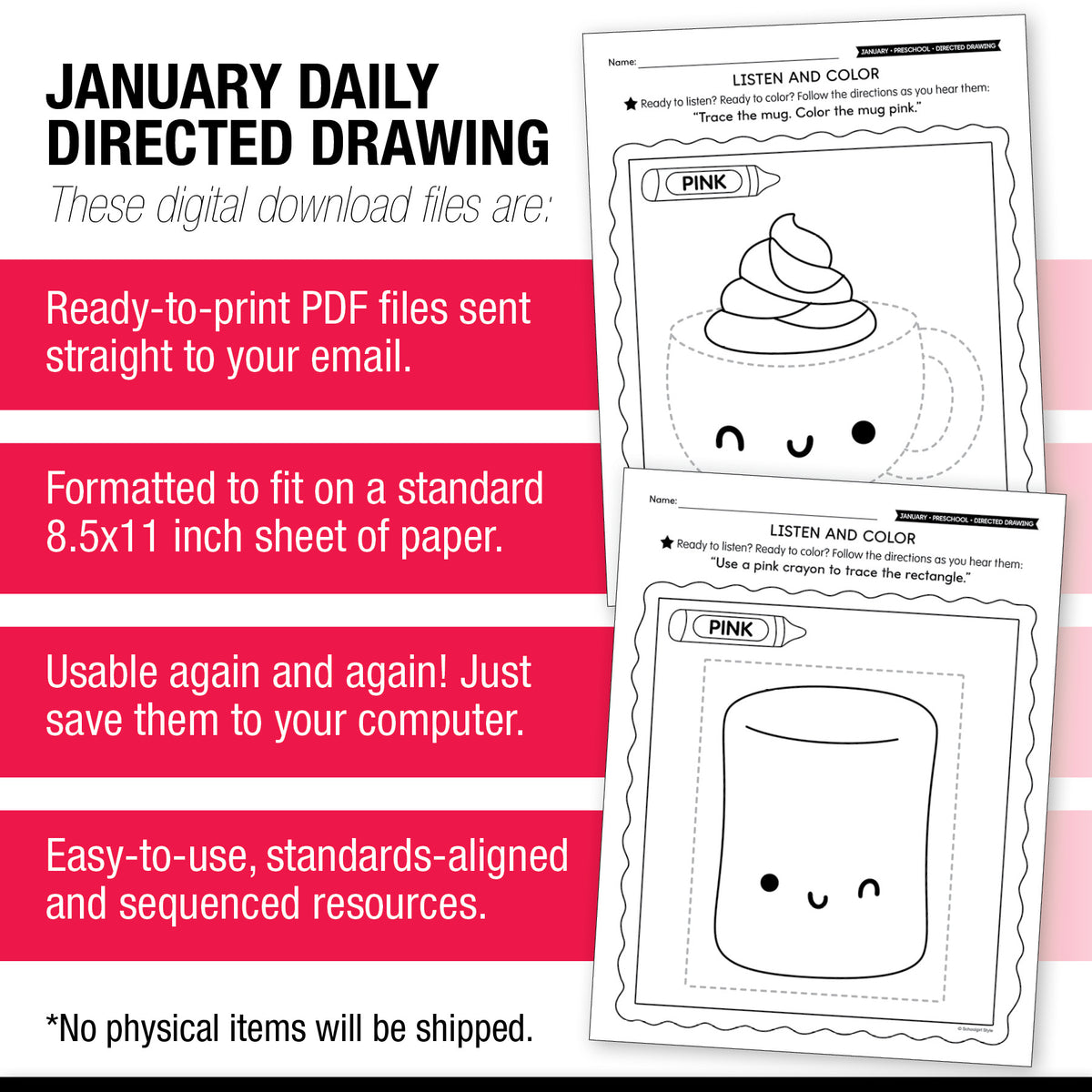 Printable Preschool January Directed Drawing Worksheets