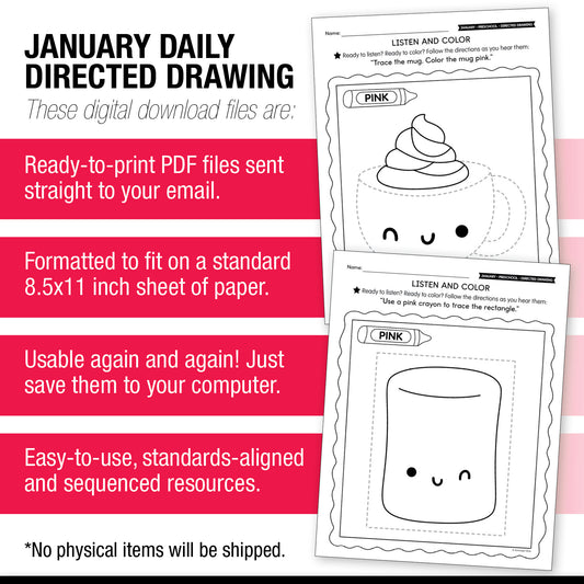 Printable Preschool January Directed Drawing Worksheets