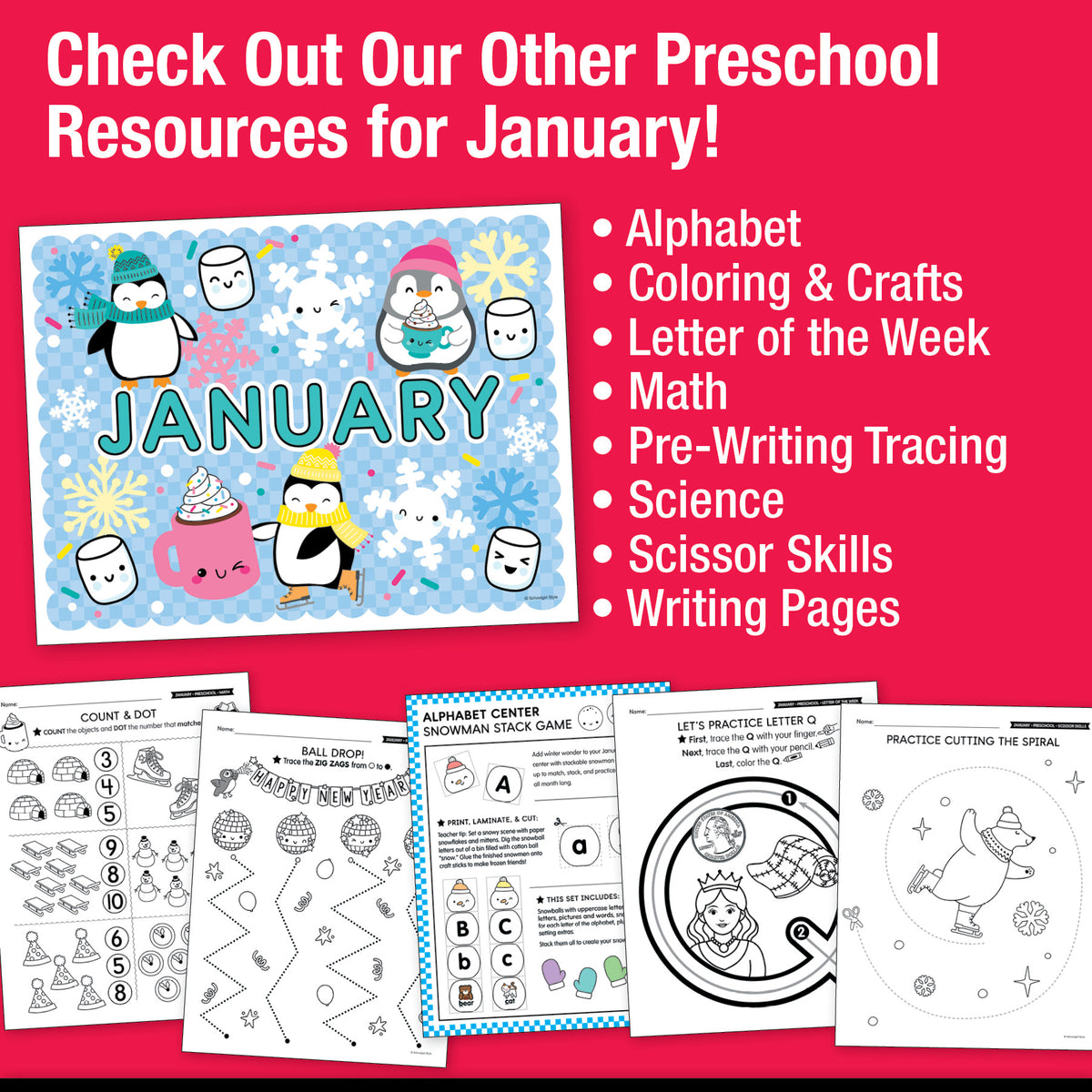 Printable Preschool January Directed Drawing Worksheets