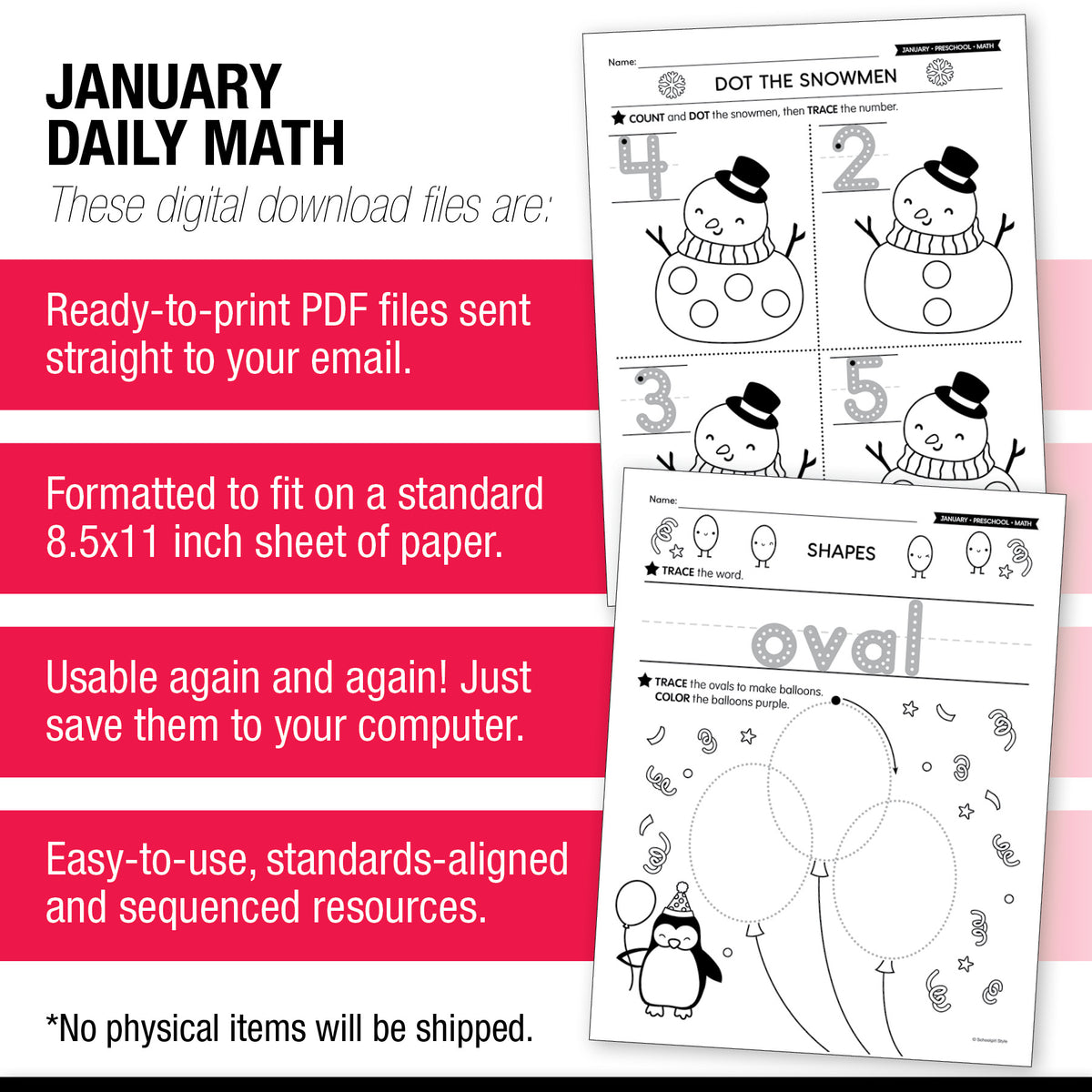 Printable Preschool January Daily Math