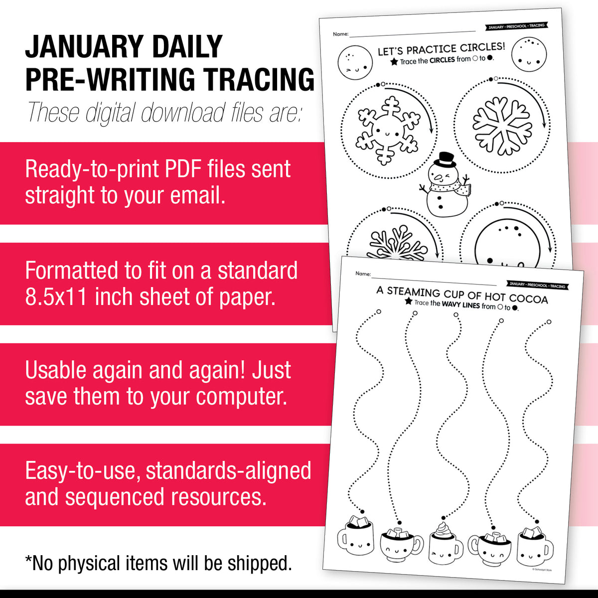 Printable Preschool January Daily Pre-Writing Tracing Worksheets