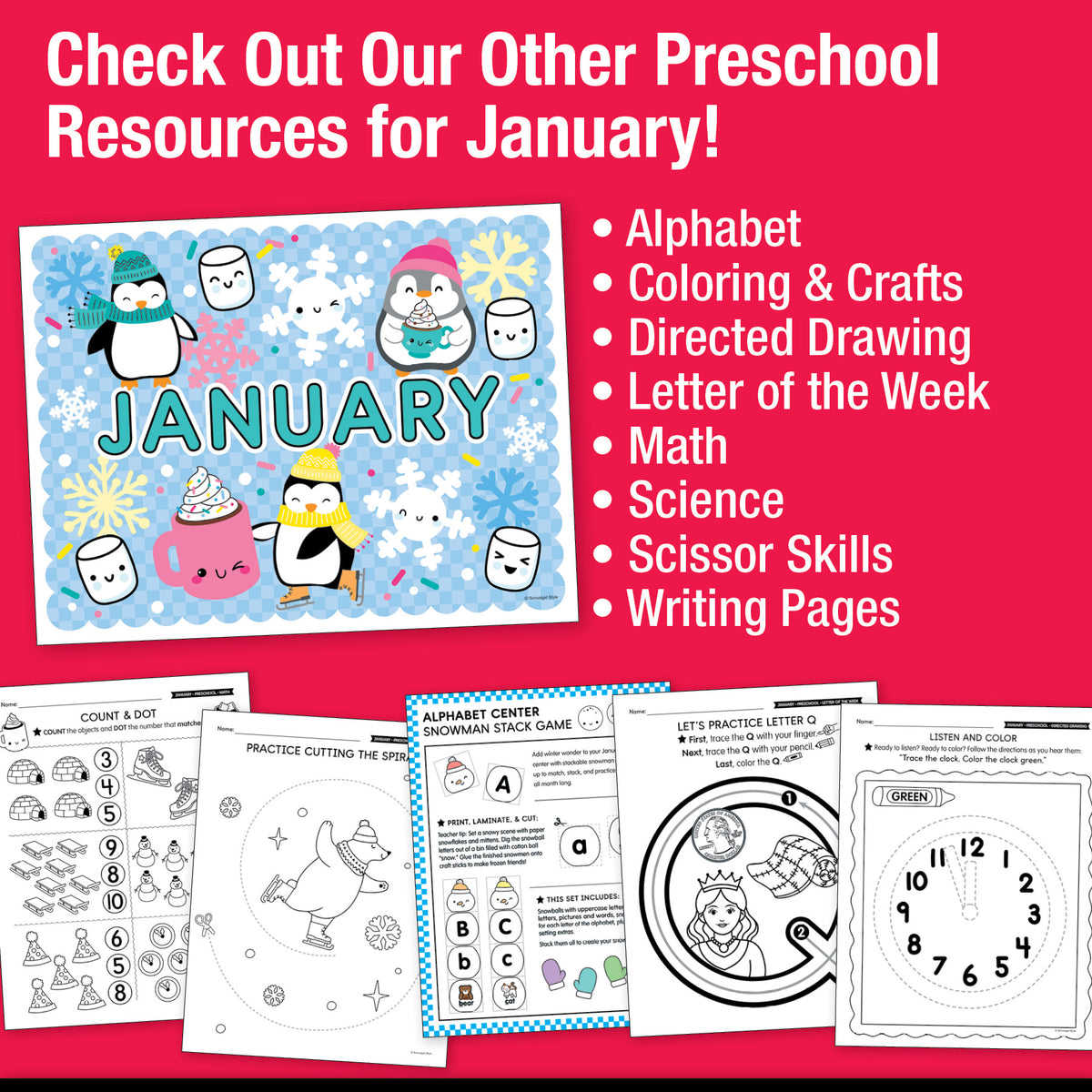 Printable Preschool January Daily Pre-Writing Tracing Worksheets