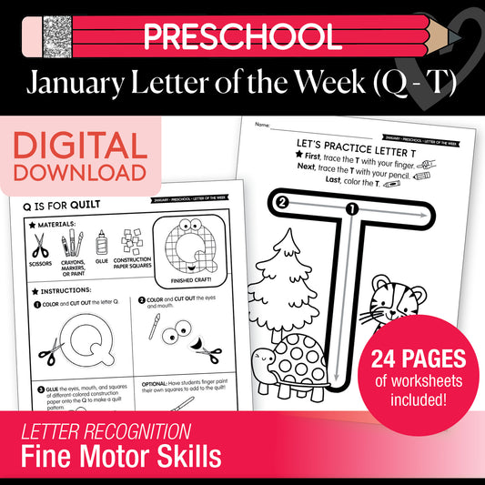 Printable Preschool January Letter of the Week (Q-T)
