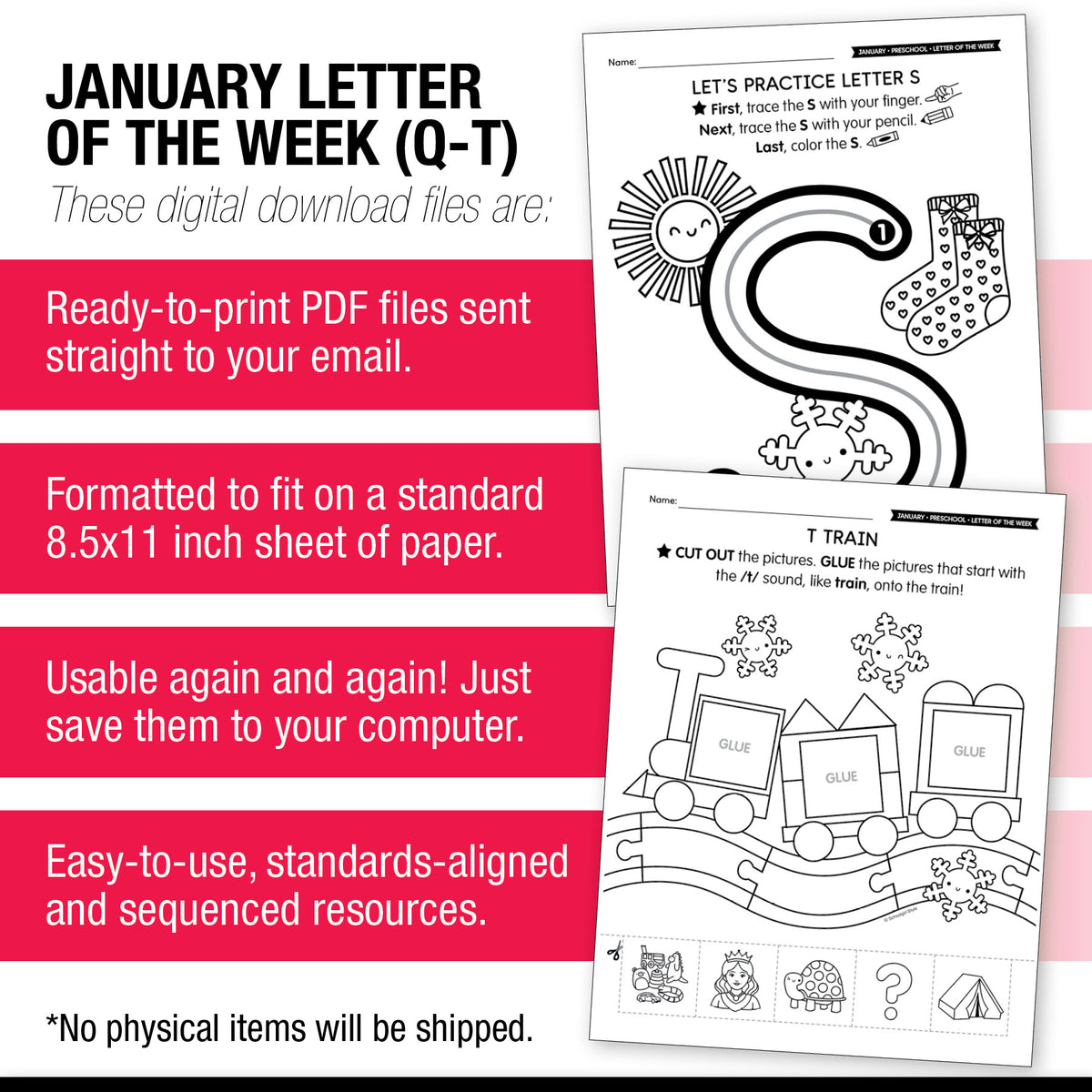 Printable Preschool January Letter of the Week (Q-T)