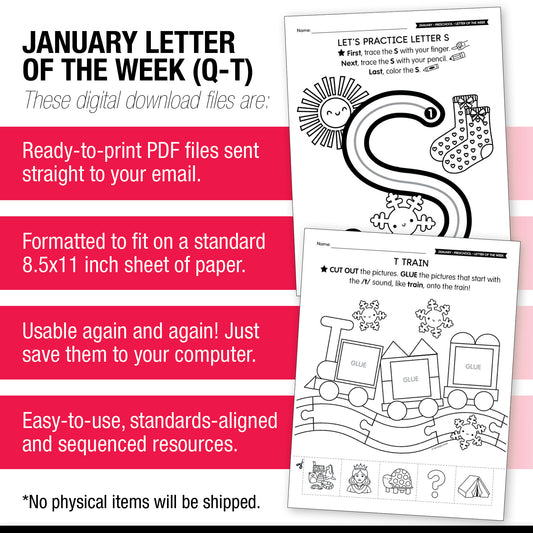 Printable Preschool January Letter of the Week (Q-T)