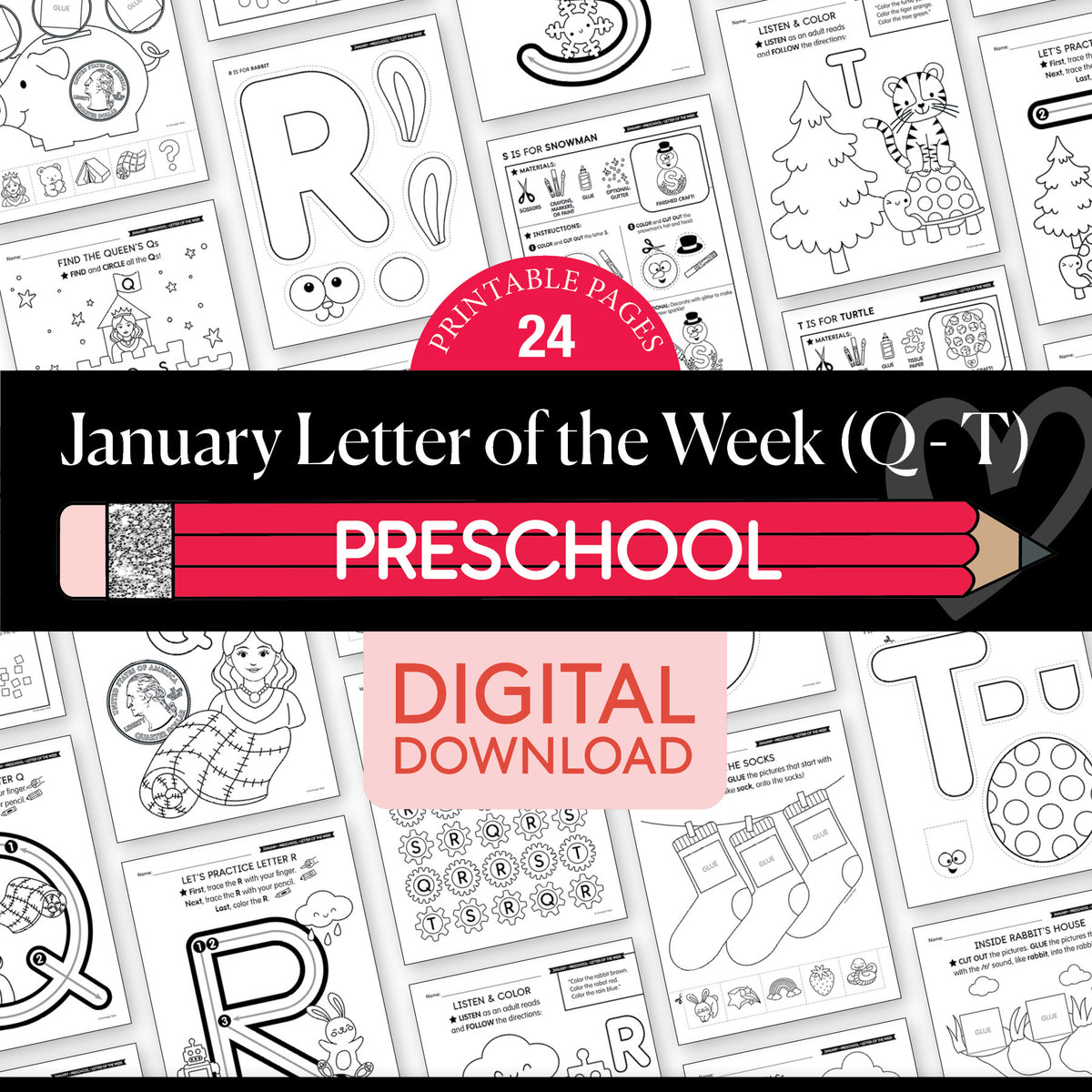 Printable Preschool January Letter of the Week (Q-T)