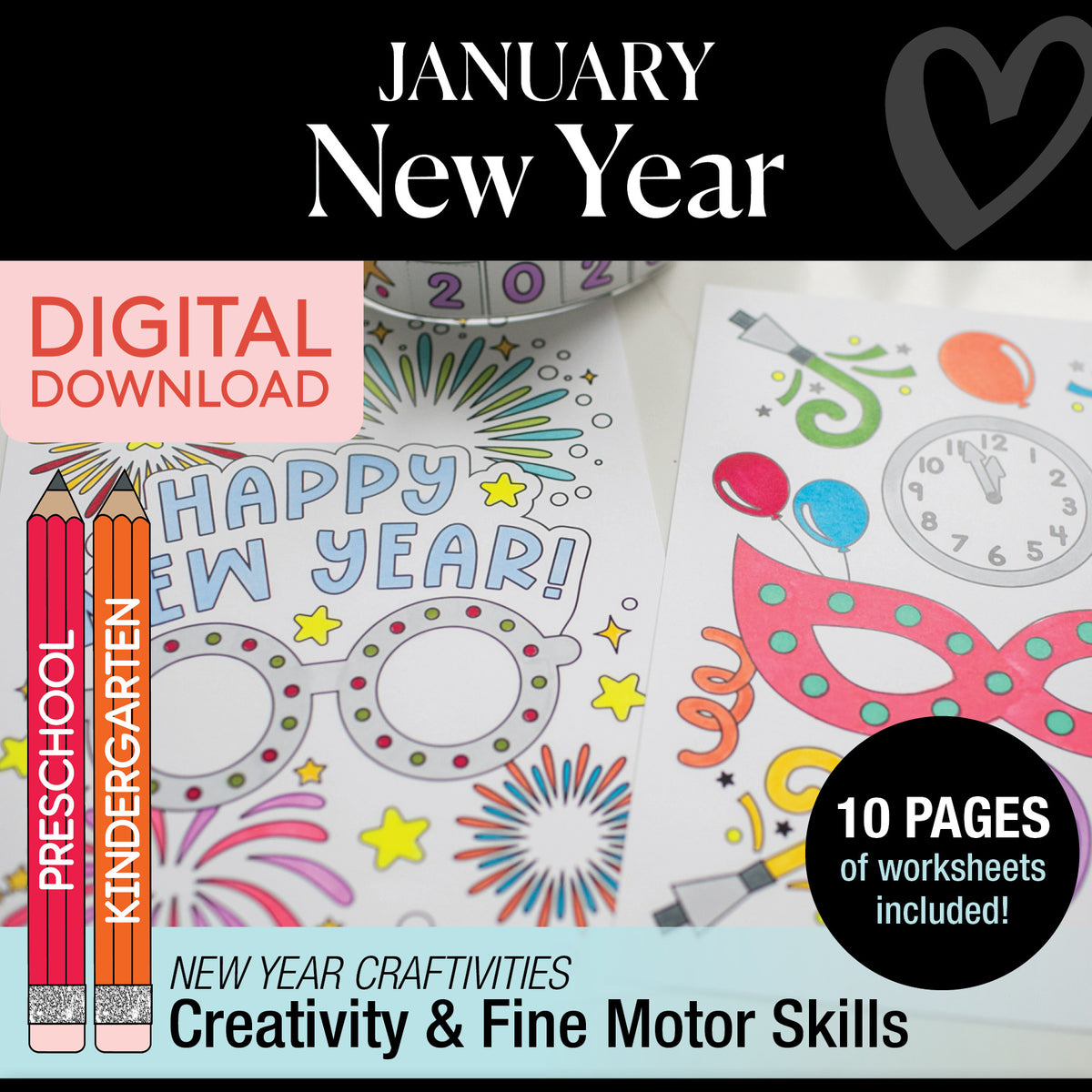 Printable January Preschool and Kindergarten New Year Crafts and Activities Party Pack