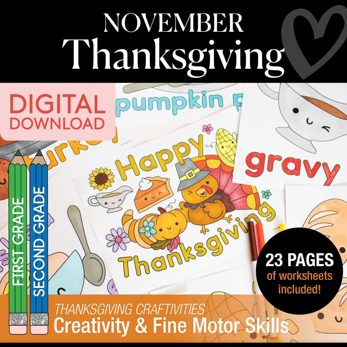 Printable November First and Second Grade Thanksgiving Party Pack