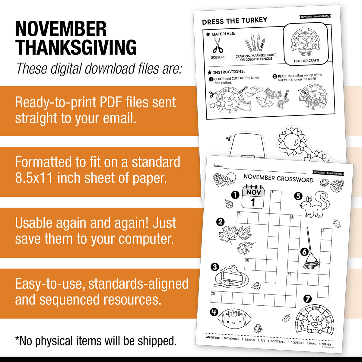 Printable November First and Second Grade Thanksgiving Party Pack
