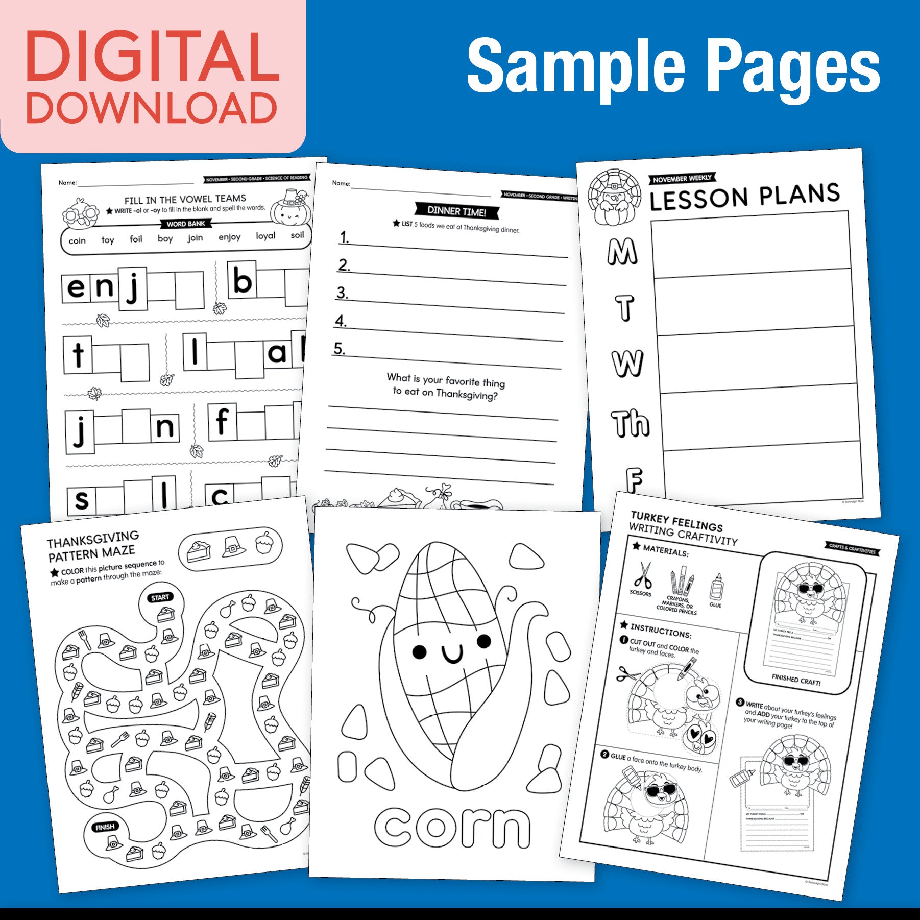 Printable Second Grade November Thematic Unit Bundle