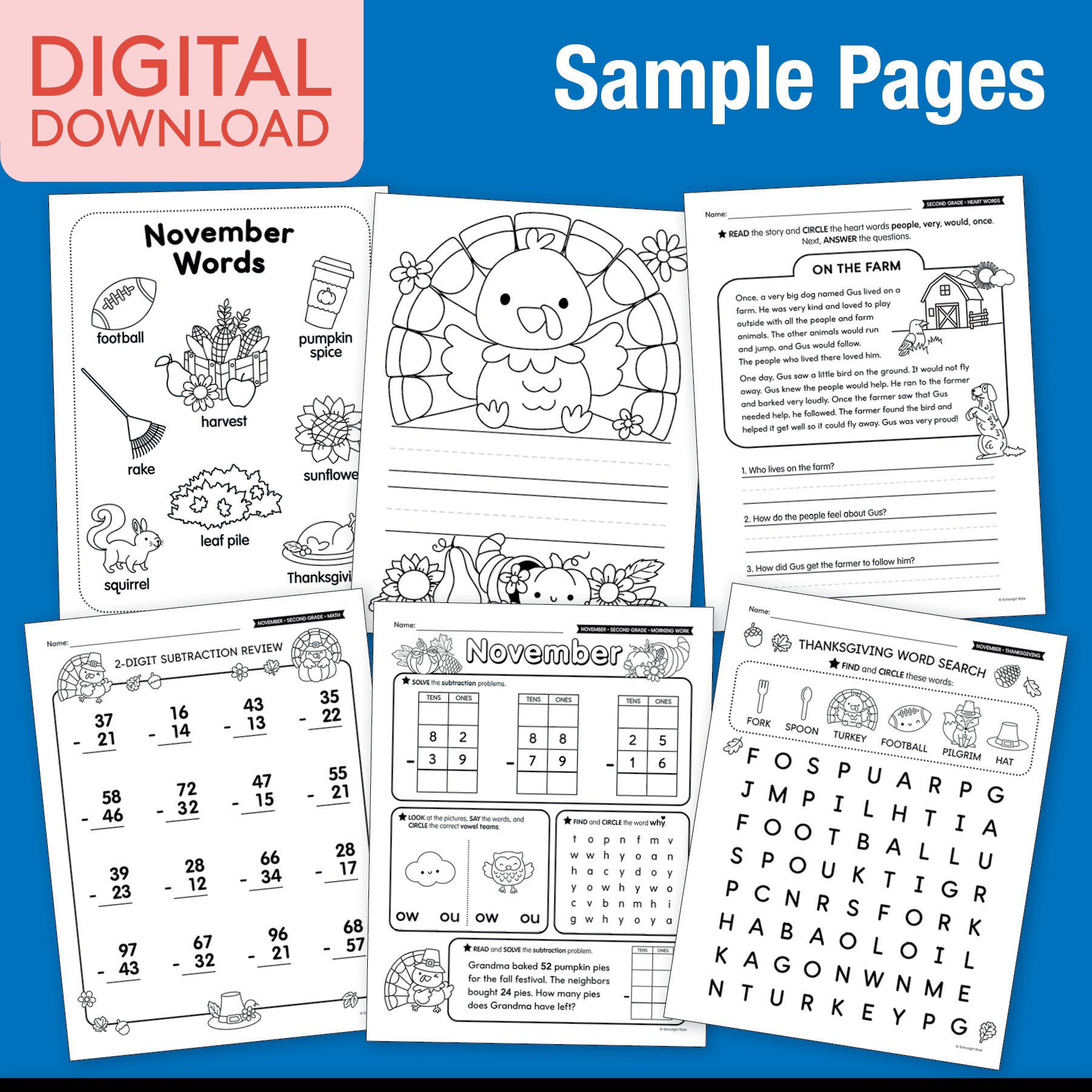 Printable Second Grade November Thematic Unit Bundle