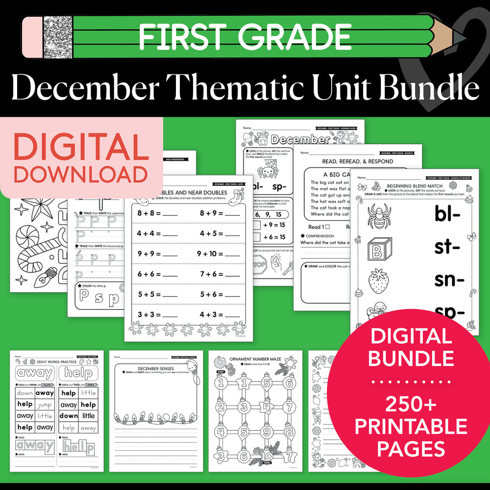 Printable First Grade December Thematic Unit Bundle