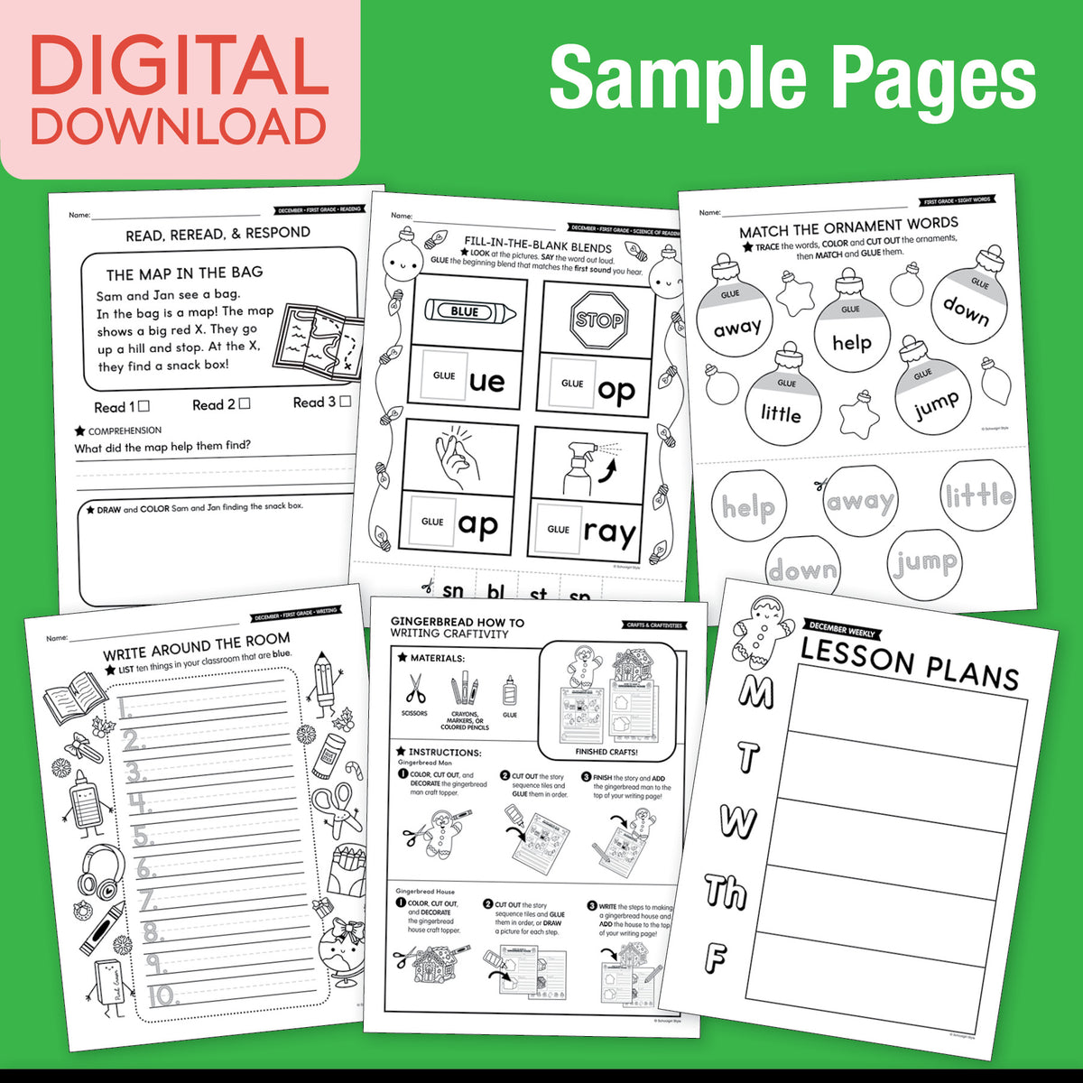 Printable First Grade December Thematic Unit Bundle