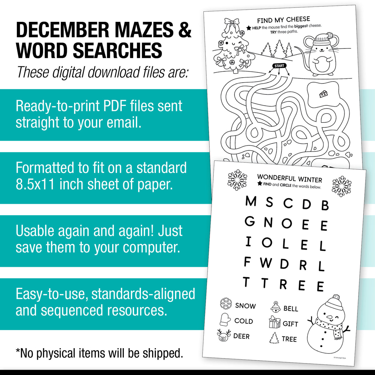 Printable December Mazes and Word Searches