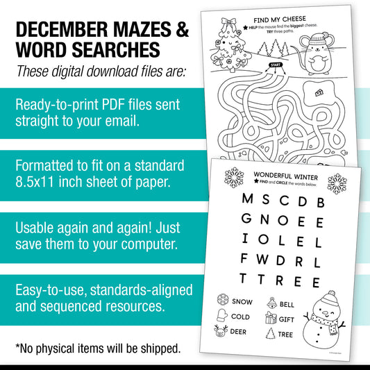 Printable December Mazes and Word Searches