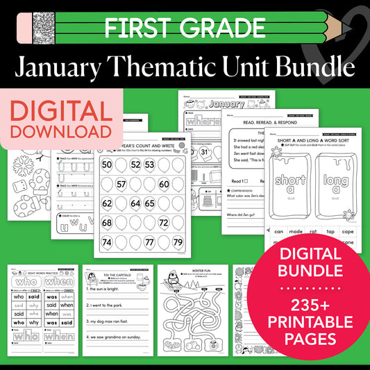 Printable First Grade January Thematic Unit Bundle