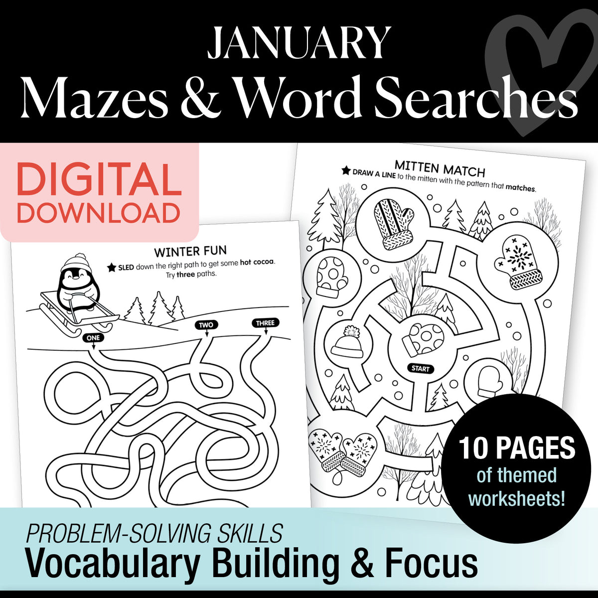 Printable January Mazes and Word Searches