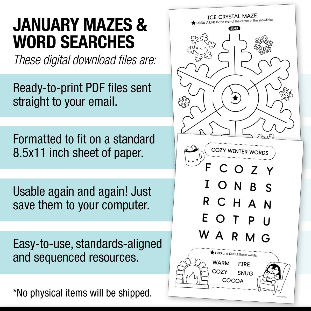 Printable January Mazes and Word Searches