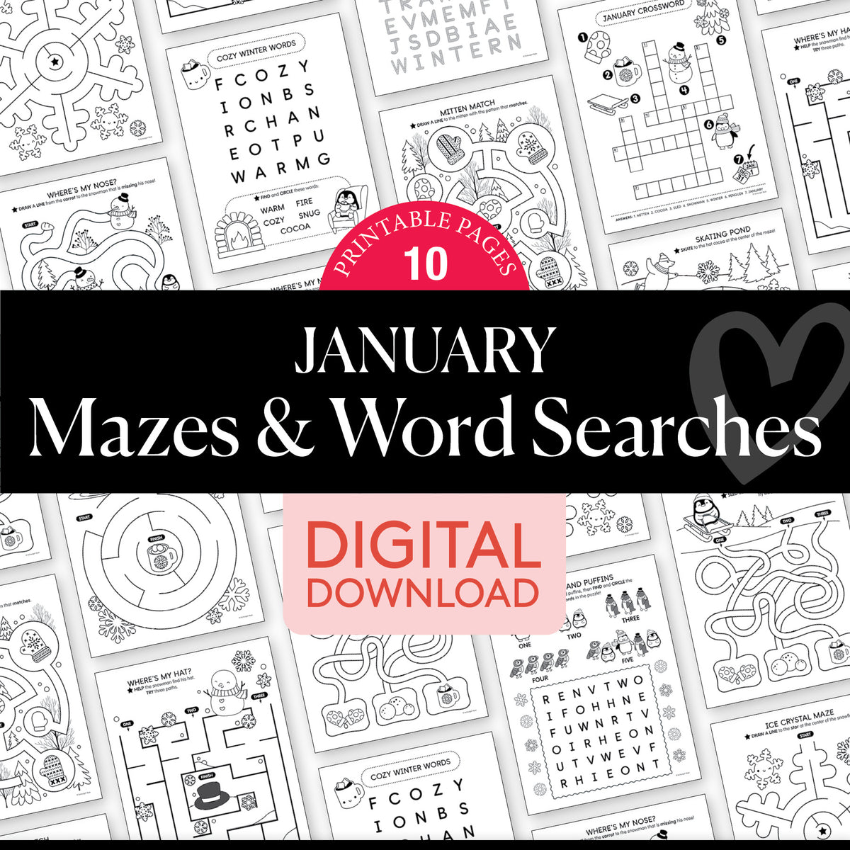 Printable January Mazes and Word Searches