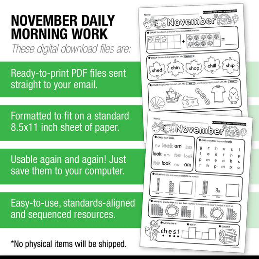 Printable First Grade November Daily Morning Work