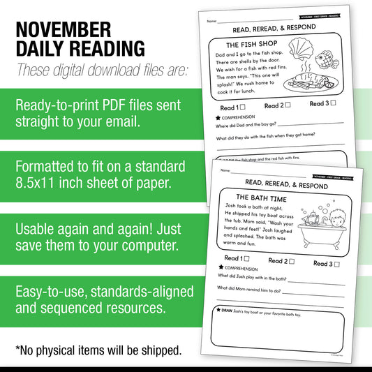 Printable First Grade November Daily Reading