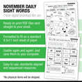 Load image into Gallery viewer, Printable First Grade November Daily Sight Words
