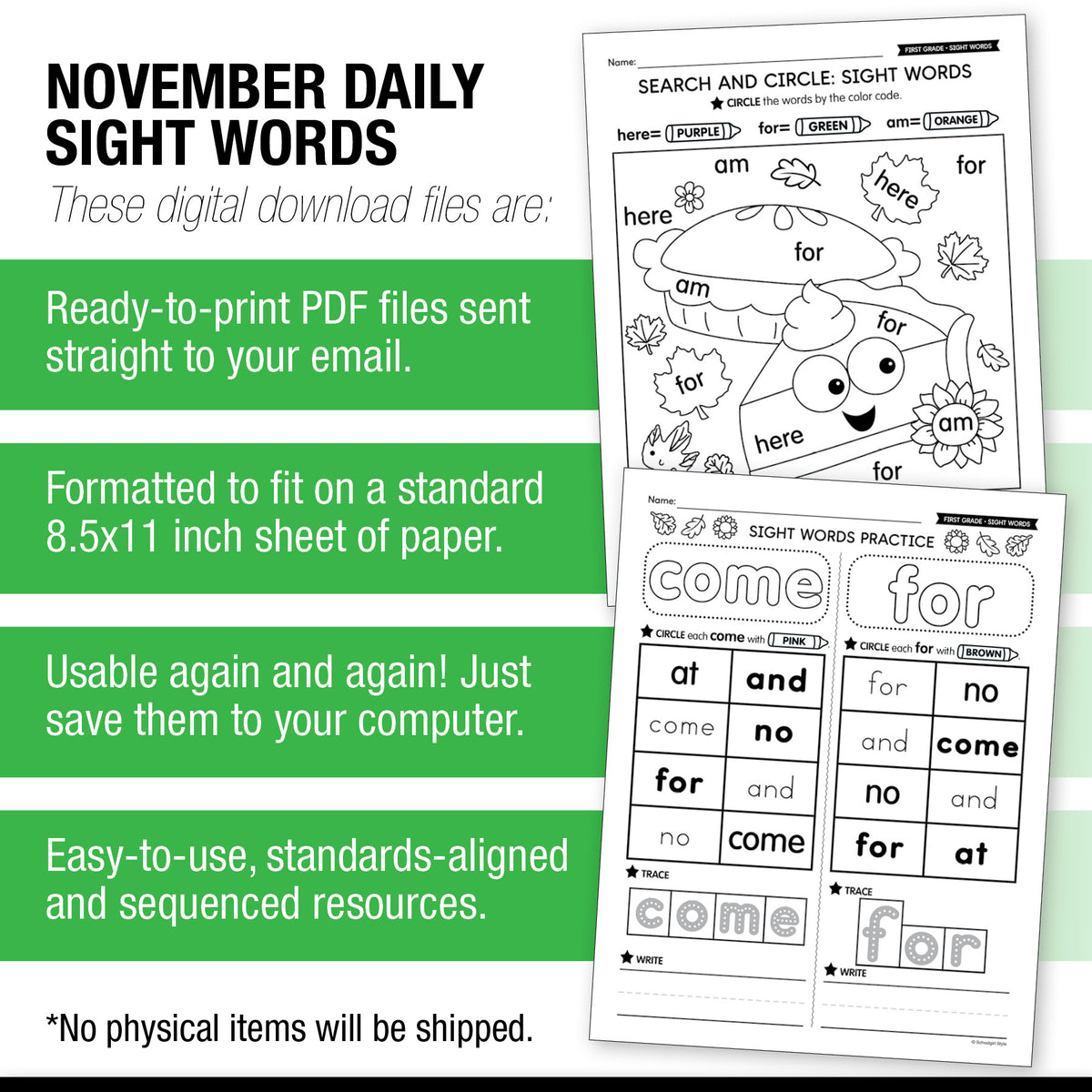 Printable First Grade November Daily Sight Words