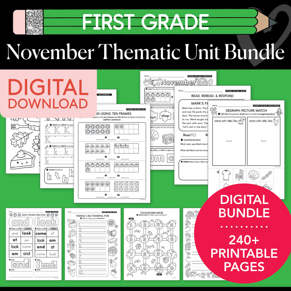 Printable First Grade November Thematic Unit Bundle