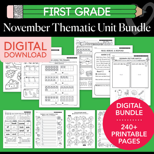 Printable First Grade November Thematic Unit Bundle