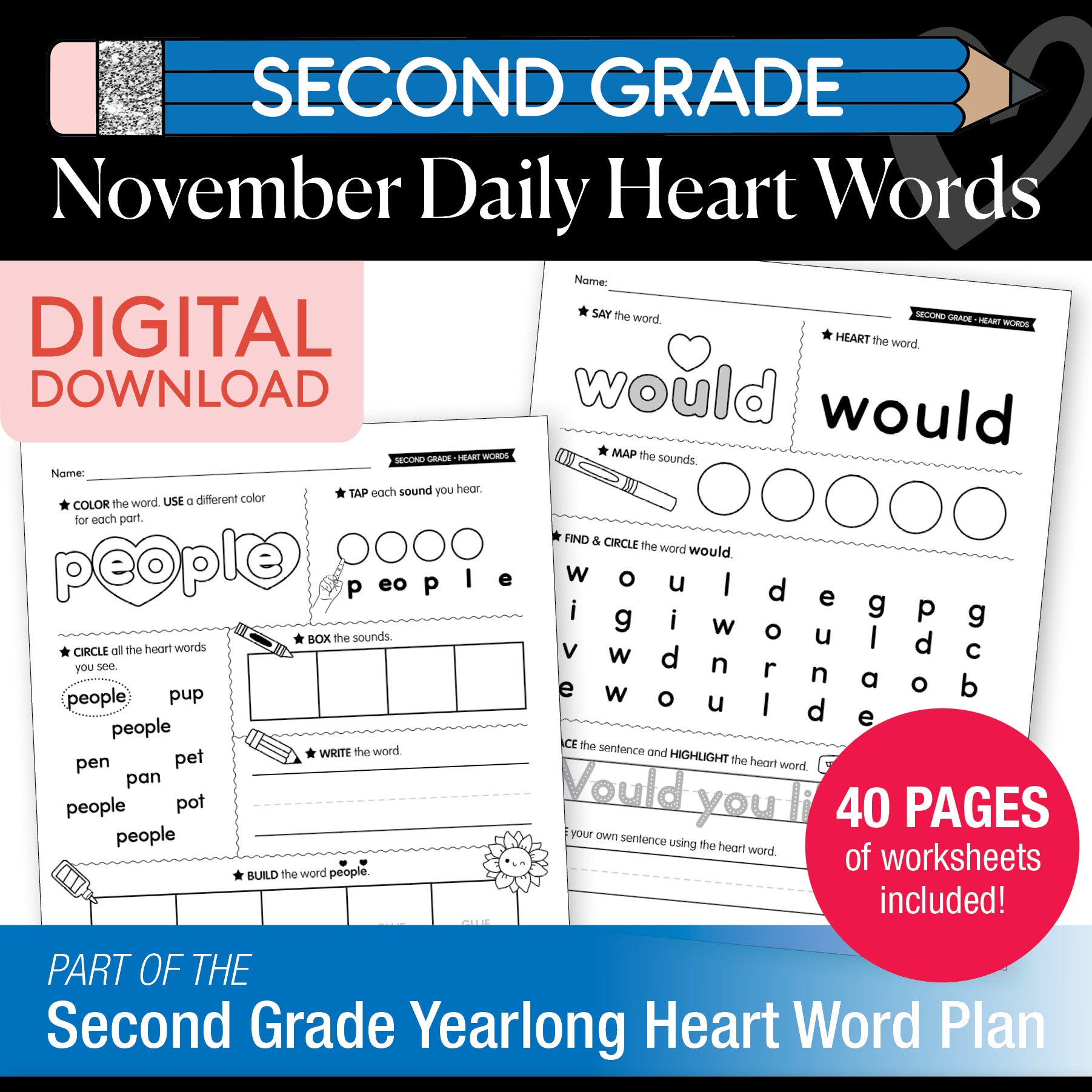 Printable Second Grade November Daily Heart Words