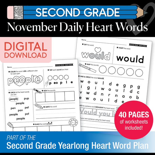 Printable Second Grade November Daily Heart Words