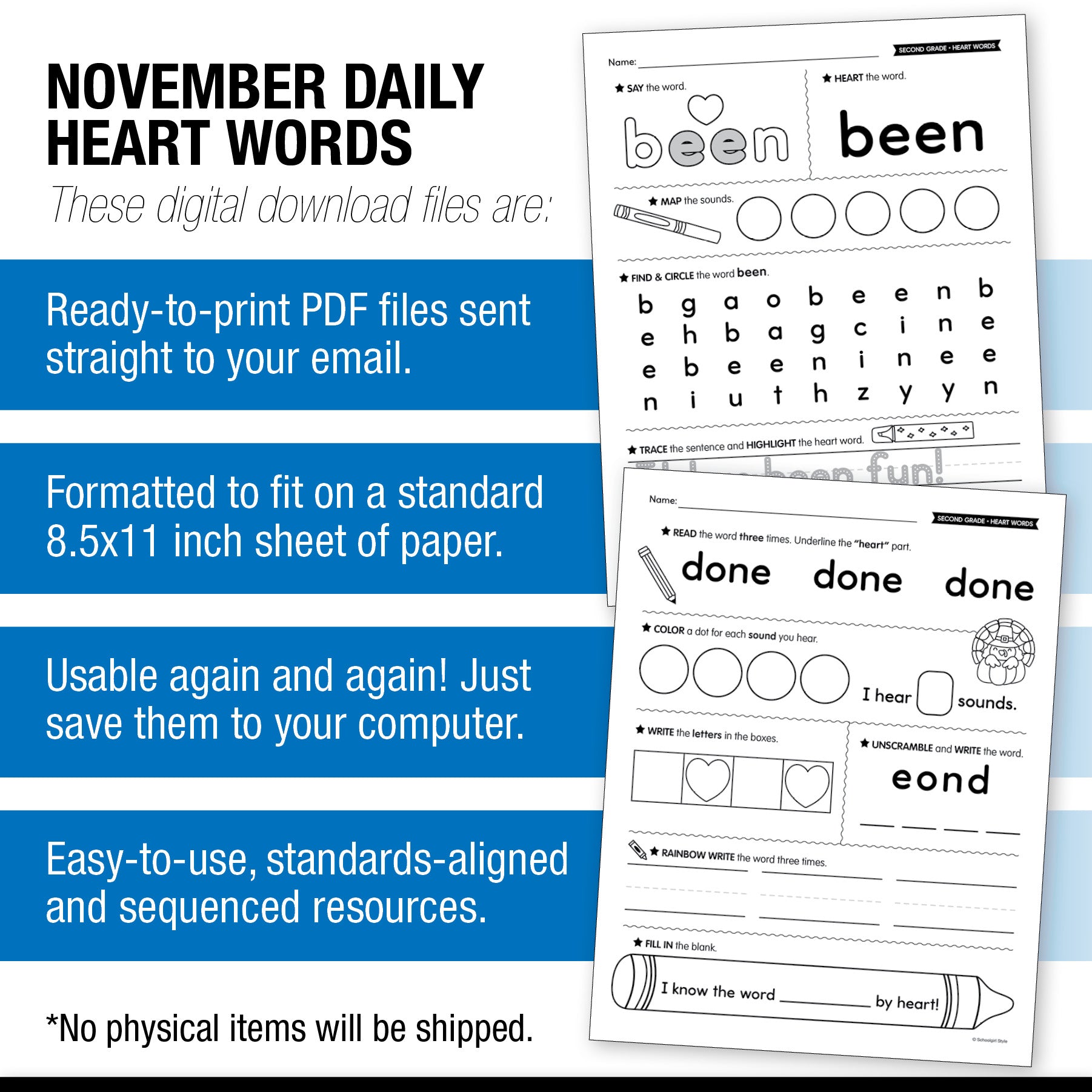 Printable Second Grade November Daily Heart Words