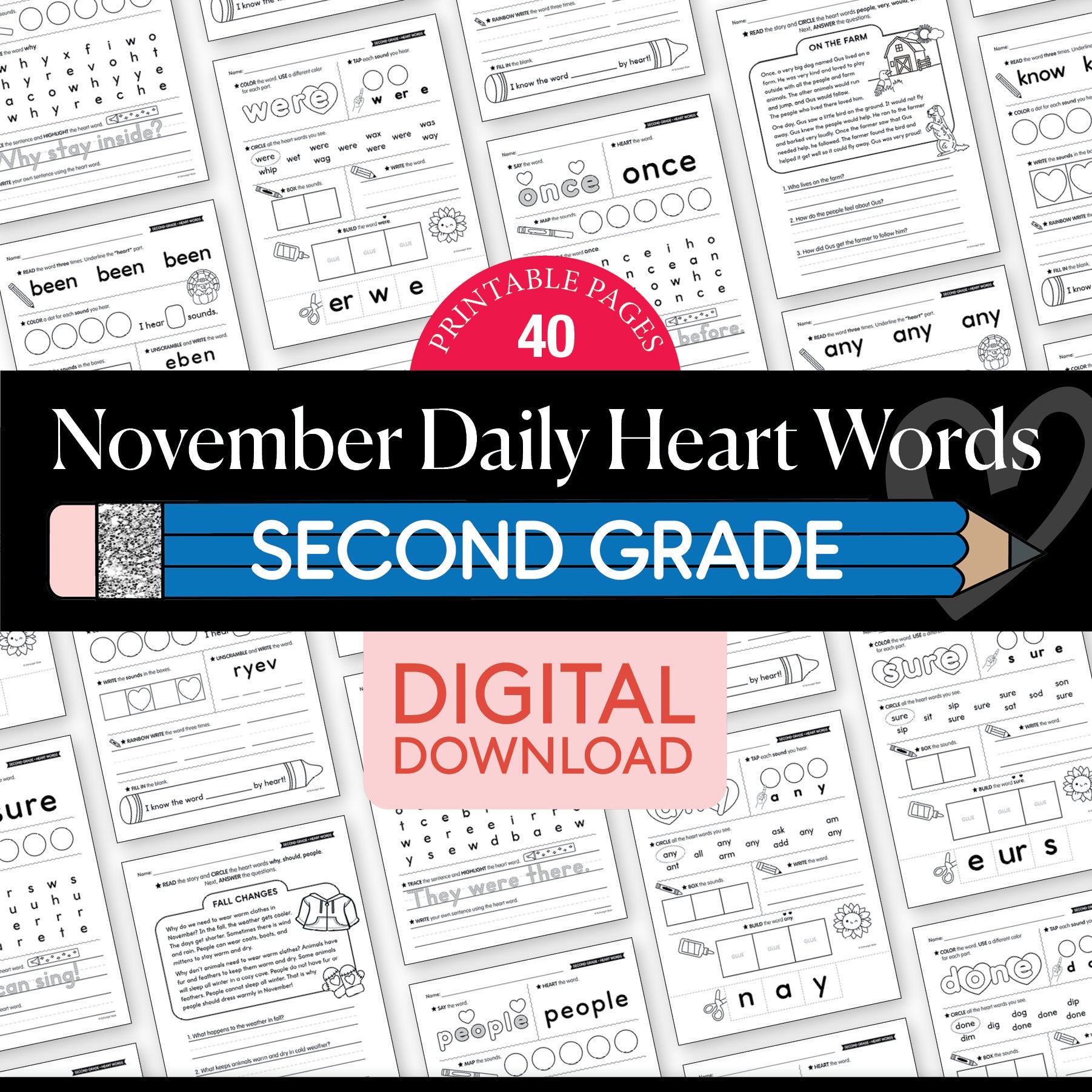 Printable Second Grade November Daily Heart Words