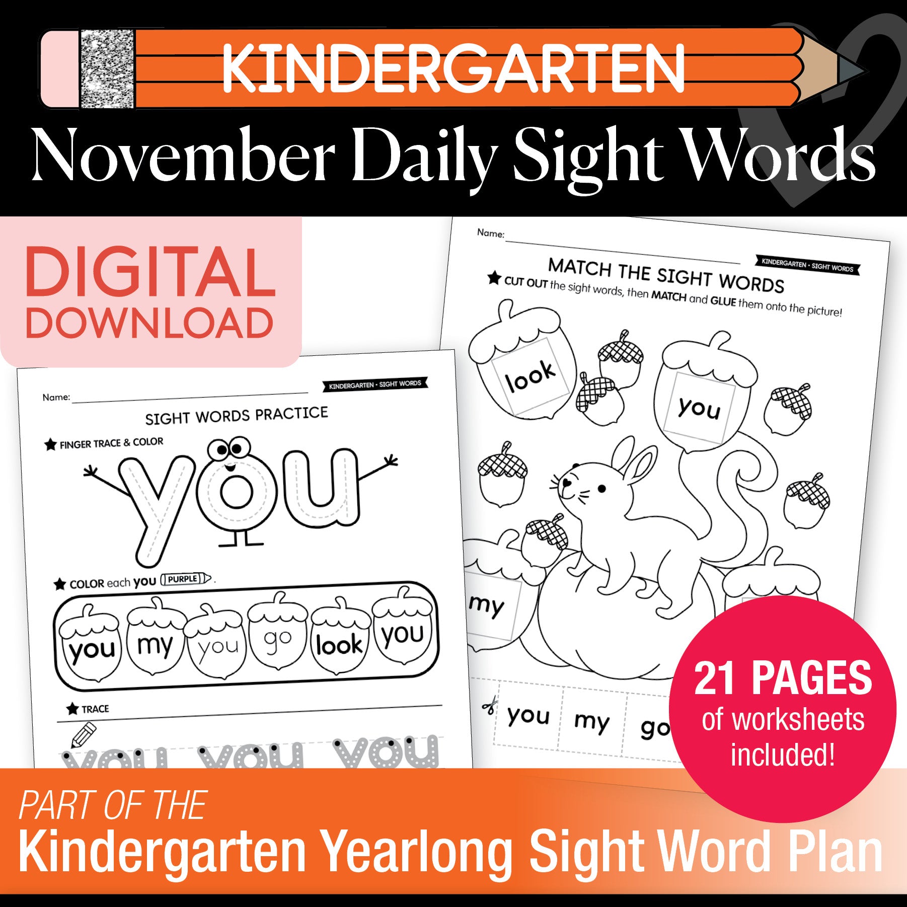 Printable Kindergarten November Daily Sight Words