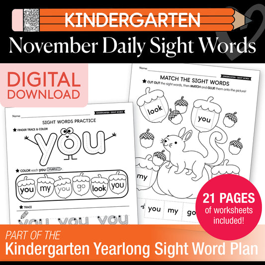 Printable Kindergarten November Daily Sight Words
