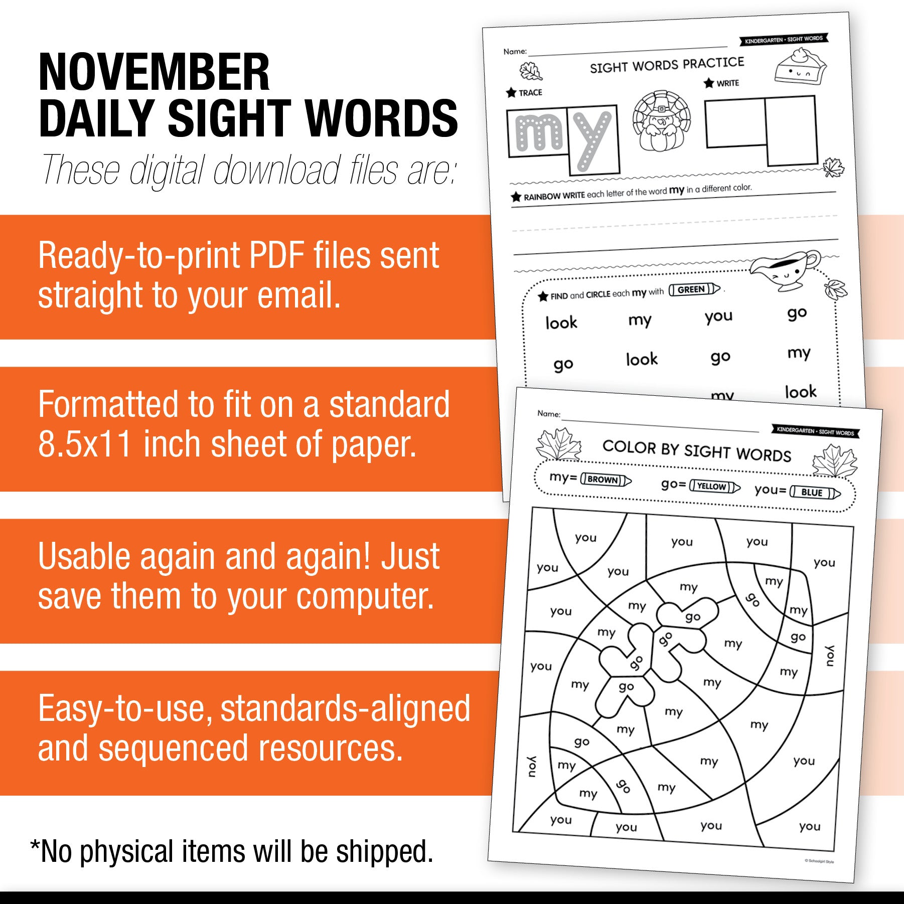 Printable Kindergarten November Daily Sight Words