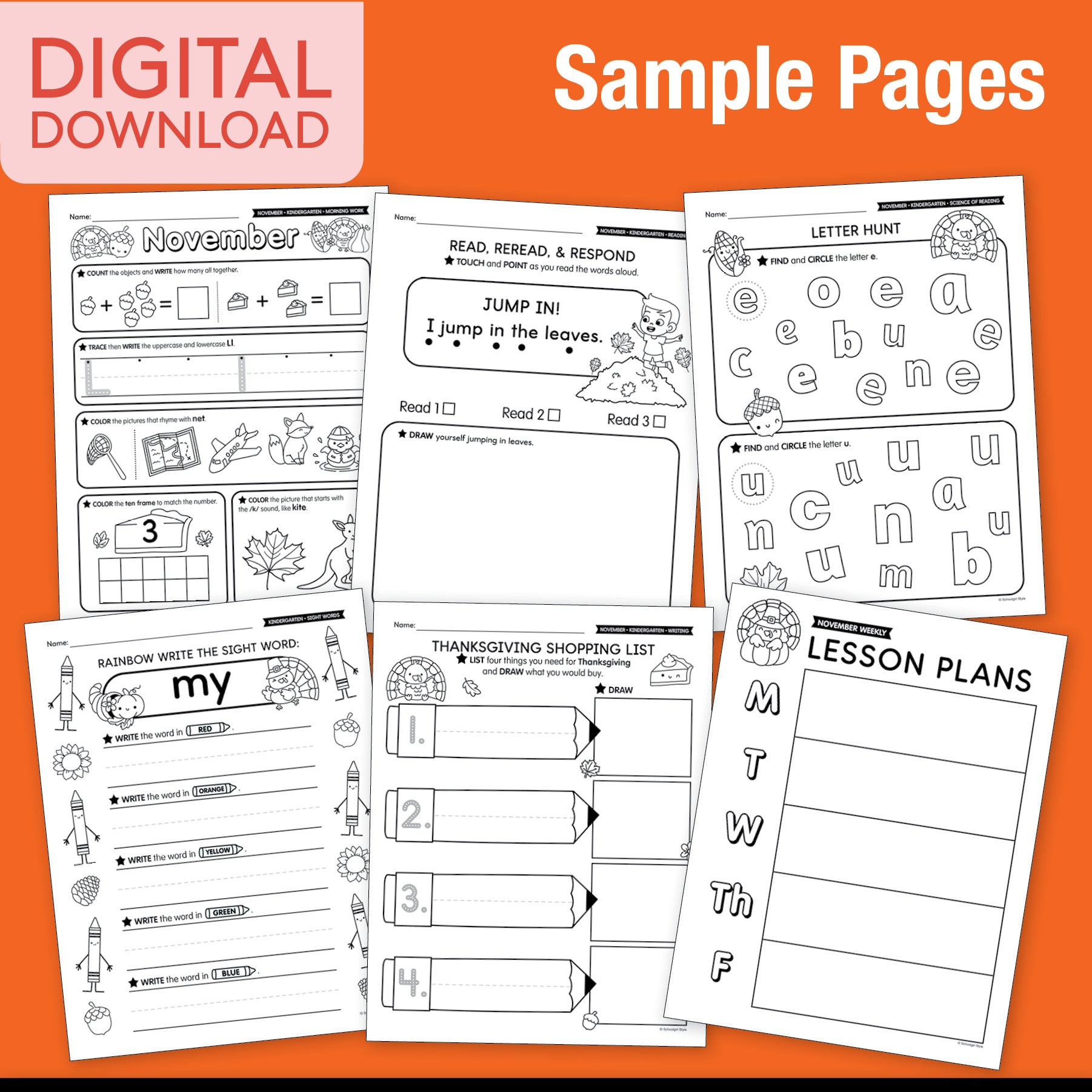 Printable Kindergarten November Thematic Unit Bundle